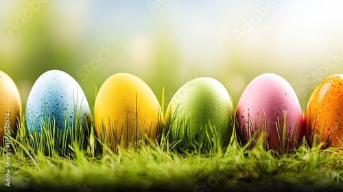 Colorful Easter Eggs on Spring Grass - Holiday Decoration Photography Material