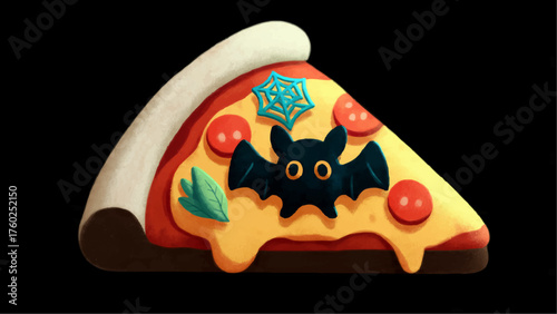 3D Illustrated Halloween Pizza Slice with Bat Topping