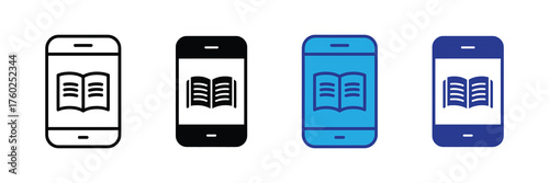 Collection of four smartphone icons displaying an open book, symbolizing ereading and digital education, isolated on white background
