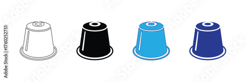 Set of coffee capsules in different colors, including outline, black, blue, and dark blue, isolated on white background
