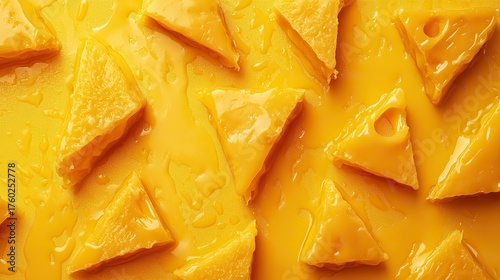 Grilled cheese triangles oozing cheddar on a bright yellow background