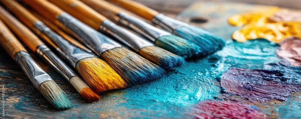 Fototapeta premium Set of accessories for painting with brushes and paints concept. A vibrant palette with various paint brushes and colors for artists.