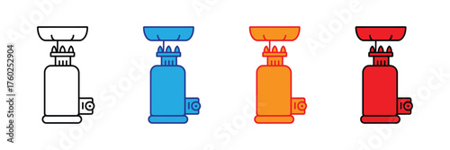 Set of four portable camping stove icons in black outline, blue, orange, and red colors isolated on white background