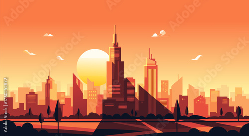 Vibrant modern city skyline at sunset, featuring towering buildings, golden hour light, and a tranquil urban landscape illustration with a warm color palette