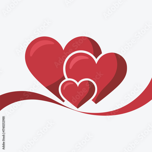 Glossy red hearts with ribbon wave on light gray background