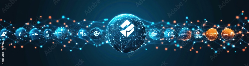 Obraz premium Digital network with interconnected glowing spheres displaying futuristic technology and business-related icons on a dark blue background