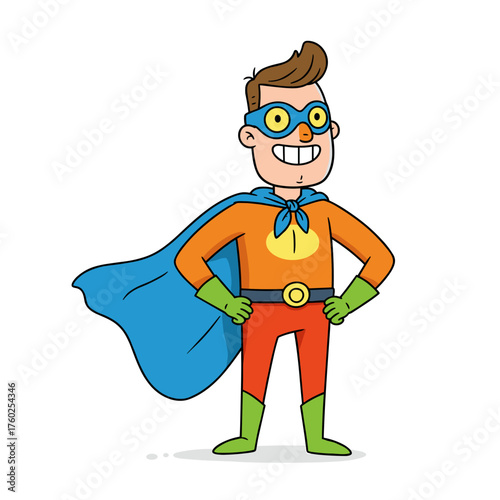 funny cartoon superhero in suit holding gun and smiling