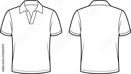 Basic polo shirt flat sketch, short sleeve t-shirt CAD drawing, minimalist fashion design template, technical clothing vector illustration