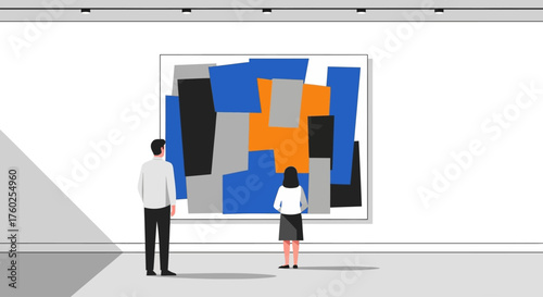 This flat design vector illustration depicts visitors admiring contemporary art within a sleek gallery setting at Art Basel Miami Beach, emphasizing the modern aesthetic of the exhibition.
