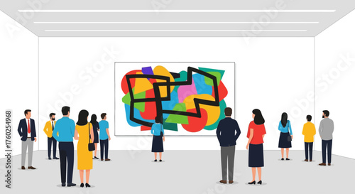 This flat design vector illustration depicts visitors admiring contemporary art within a sleek gallery setting at Art Basel Miami Beach, emphasizing the modern aesthetic of the exhibition.