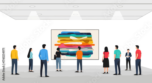 This flat design vector illustration depicts visitors admiring contemporary art within a sleek gallery setting at Art Basel Miami Beach, emphasizing the modern aesthetic of the exhibition.