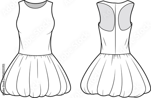 Bubble skirt dress sketch, flat vector illustration, sleeveless fashion design, racerback bodice, CAD drawing, garment template, apparel silhouette, technical construction