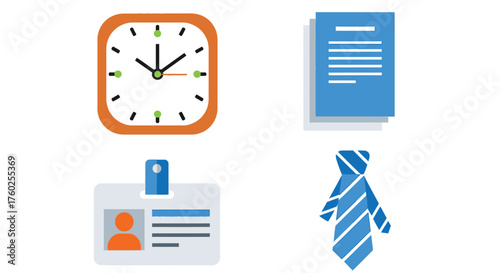 Vector illustration of office essentials clock, document, id card, and tie, representing a typical workday and professional environment in a modern style