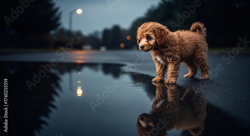 Fototapeta Naklejka Na Ścianę i Meble -  Curious Brown Puppy Stands by a Glowing Puddle on a Wet Evening