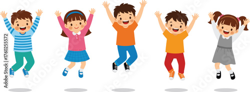 Happy children jumping with joy, cute cartoon kids playing, cheerful boys and girls illustration, fun childhood activity scene