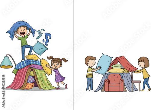 Happy children building indoor pillow and blanket fort, playful teamwork at home, kids having fun, creative childhood imagination and laughter illustration