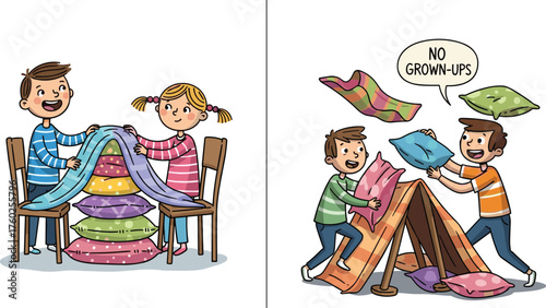 Happy kids building indoor pillow fort, fun playtime at home, teamwork and imagination, children playing together, childhood creativity and laughter illustration