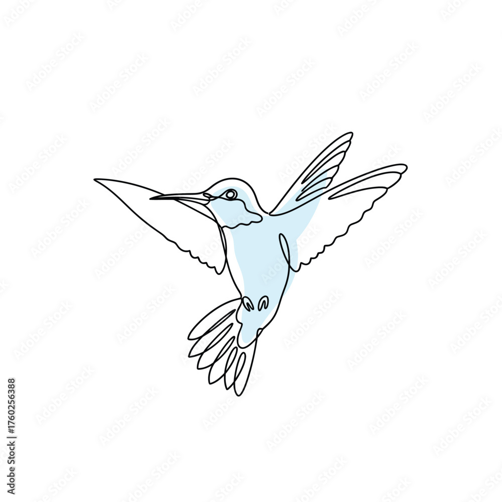 Fototapeta premium Vector illustration of delicate hummingbird illustration, rendered in a continuous line style, capturing its graceful flight and ethereal beauty in a minimalist design