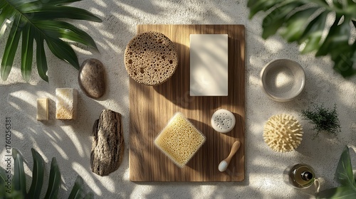 photorealistic moodboard, top view, natural materials, tropical plants, wood, sponge and soap