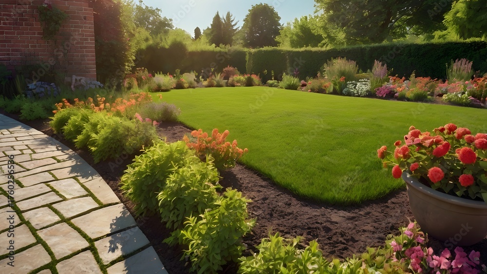 Obraz premium Beautiful landscaped garden with lush green lawn colorful flowers and bright sunlight
