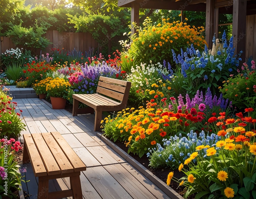 Fototapeta premium Vibrant garden with colorful blooming flowers, inviting wooden benches, and a sunlit pathway, offering a serene natural escape