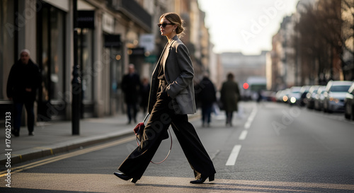 Confident woman walking on street in business attire during the day  
