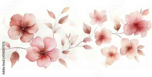 Delicate watercolor painting of soft pink and peach flowers with light brown leaves on white background, evoking calm and gentle beauty