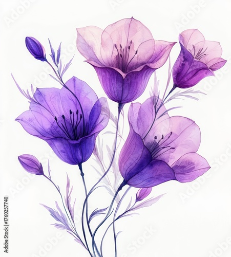 Delicate translucent purple and pink flowers with thin stems and buds on a white background creating an elegant and serene floral composition