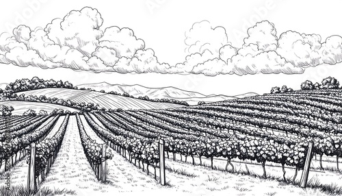Black and white vineyard landscape drawing