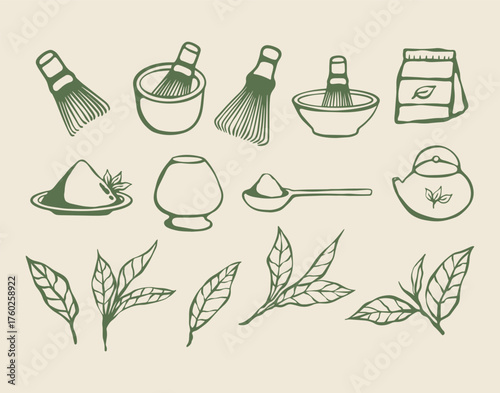 set of hand drawn matcha green tea illustration