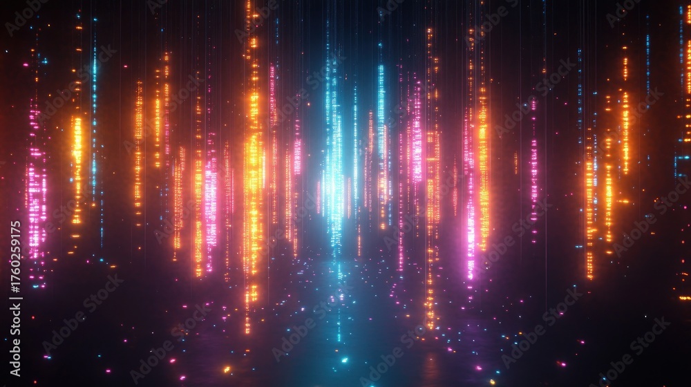 Fototapeta premium Abstract digital vertical light streams in vibrant orange, pink, and blue hues illuminating a dark reflective space creating a futuristic, immersive atmosphere
