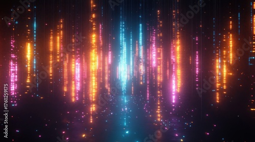 Abstract digital vertical light streams in vibrant orange, pink, and blue hues illuminating a dark reflective space creating a futuristic, immersive atmosphere