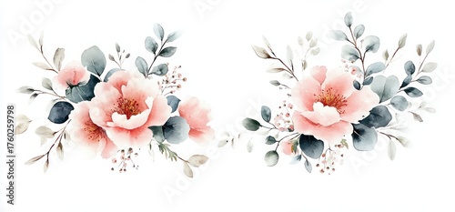 Two delicate watercolor floral bouquets featuring pink flowers with yellow centers and soft blue green leaves on white background