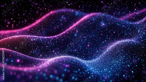 Abstract flowing wave pattern of glowing pink and blue particles on a dark background creating a sense of depth and motion