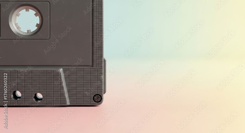 Fototapeta premium Close-up of a vintage cassette tape with subtle scratches against a soft pastel gradient background
