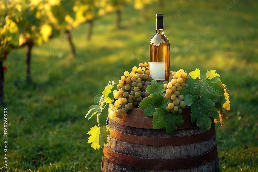 Fototapeta premium Rustic wooden barrel topped with a bottle of white wine and clusters of ripe green grapes with vine leaves in a sunlit vineyard during golden hour