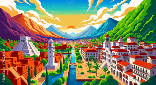 Vibrant Panorama of a Historic Cityscape with Canals, Mountains, and Ancient Pyramid