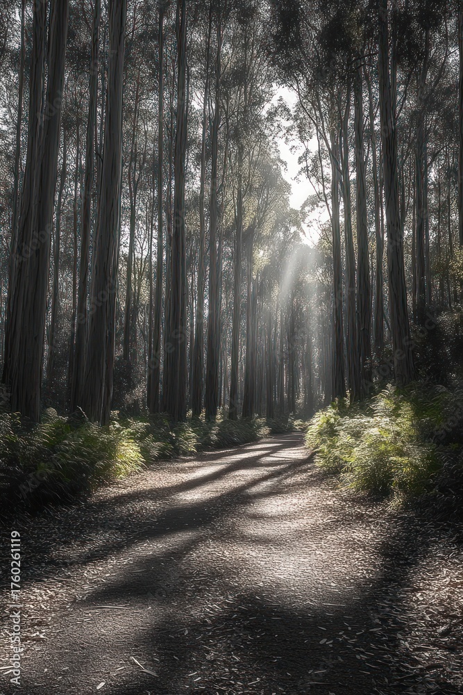 Obraz premium Sunlight filtering through tall dense trees along a peaceful forest path with ferns and shadows creating a serene natural atmosphere