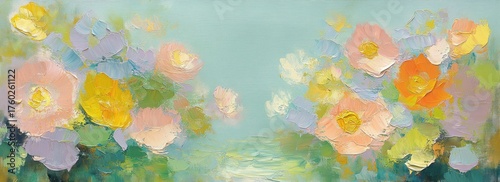 Abstract impressionist painting of vibrant pastel-colored flowers with textured petals against a soft aqua background evoking a serene and dreamy mood