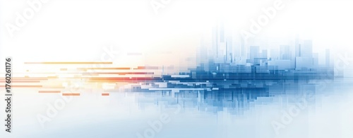 Abstract digital cityscape with blurred blue and orange rectangular shapes transitioning from warm to cool tones, representing futuristic urban skyline and dynamic data flow