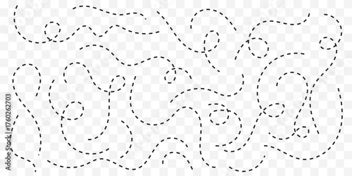 Hand drawn dot line path doodle. Dashed arrow set. Vector doodle dot line. Dotted hand drawn arrow. Doodle arrows of various shapes and directions. Path travel dotted line trip dashed best collection.