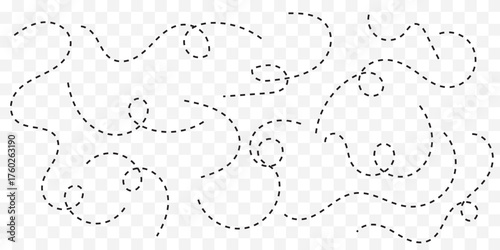 Hand drawn dot line path doodle. Dashed arrow set. Vector doodle dot line. Dotted hand drawn arrow. Doodle arrows of various shapes and directions. Path travel dotted line trip dashed best collection.