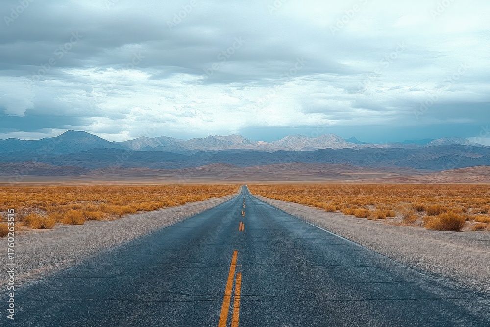 Naklejka premium Long empty road stretching straight through a dry desert plain towards distant mountain range under cloudy sky conveying solitude and vastness