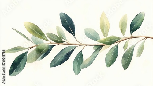 Watercolor painting of a branch with various shades of green leaves on a light background, conveying calmness and natural beauty