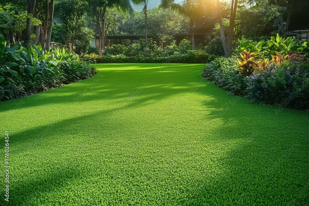 Obraz premium Sunlit lush green garden lawn bordered by vibrant plants and trees under a clear sky creating a peaceful and refreshing outdoor space