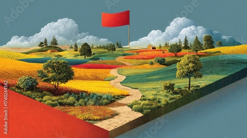 Vibrant, colorful patchwork fields lead to a distant red flag on a clear day, evoking a sense of journey and destination in a stylized landscape.