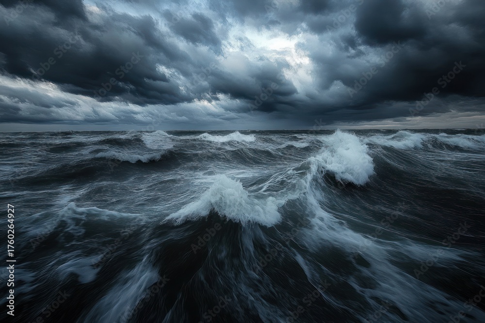 Fototapeta premium Dark stormy ocean with large turbulent waves under a heavy cloudy sky portraying intense and dramatic natural power