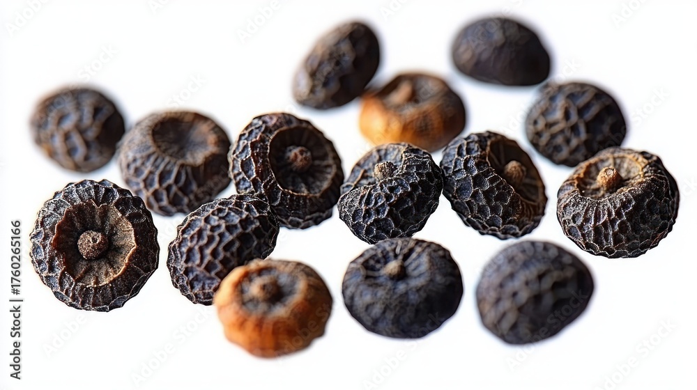 Obraz premium close-up of dried black peppercorns scattered on a white background in natural light