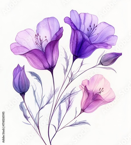 delicate translucent purple and pink flowers with slender stems and soft leaves on a white background conveying calmness and elegance
