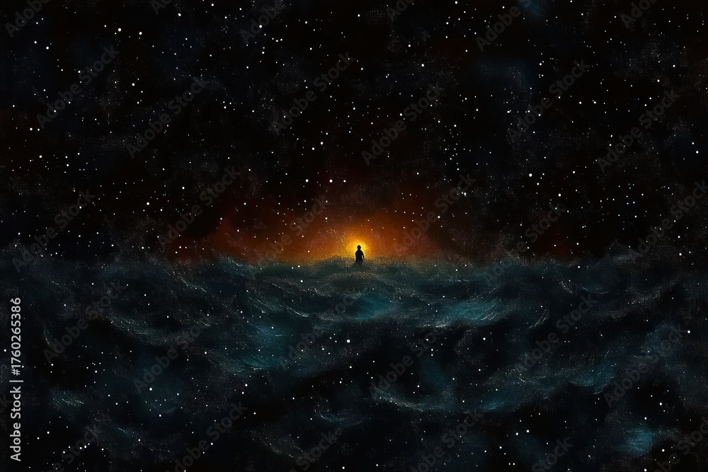 Obraz premium Silhouette of a person standing against a glowing orange horizon surrounded by dark, starry night sky and swirling dark blue cosmic waves